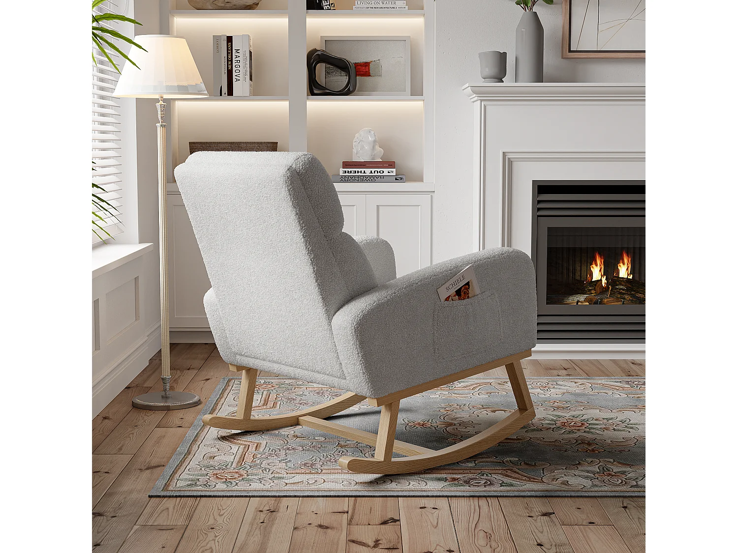 Fauteuil à Bascule, Fauteuil De Relaxation, Avec Poches Et Pieds En Bois,velours Teddy Gris