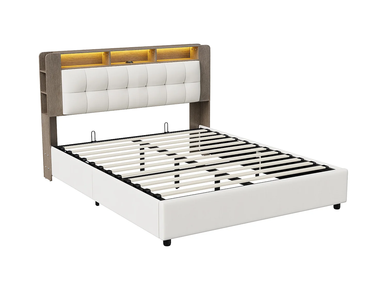 Lit Rembourré 140x200cm avec sommier à lattes, lit coffre et LED, velours, blanc
