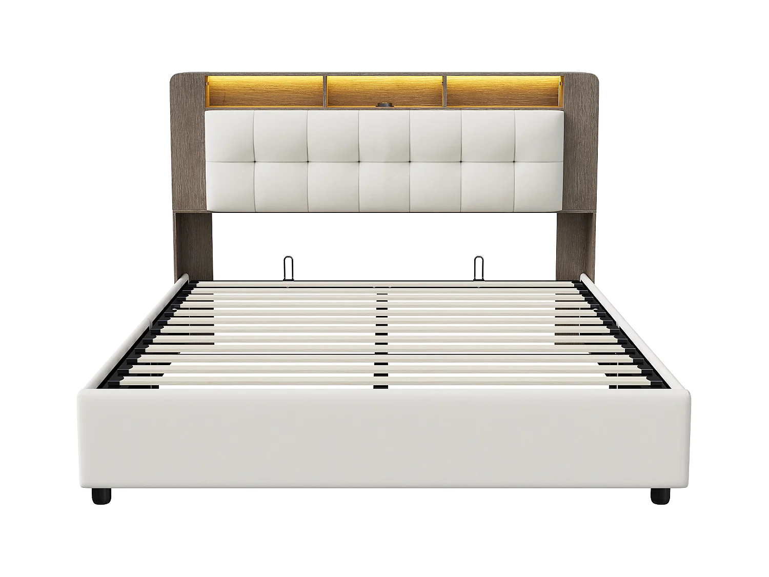 Lit Rembourré 140x200cm avec sommier à lattes, lit coffre et LED, velours, blanc