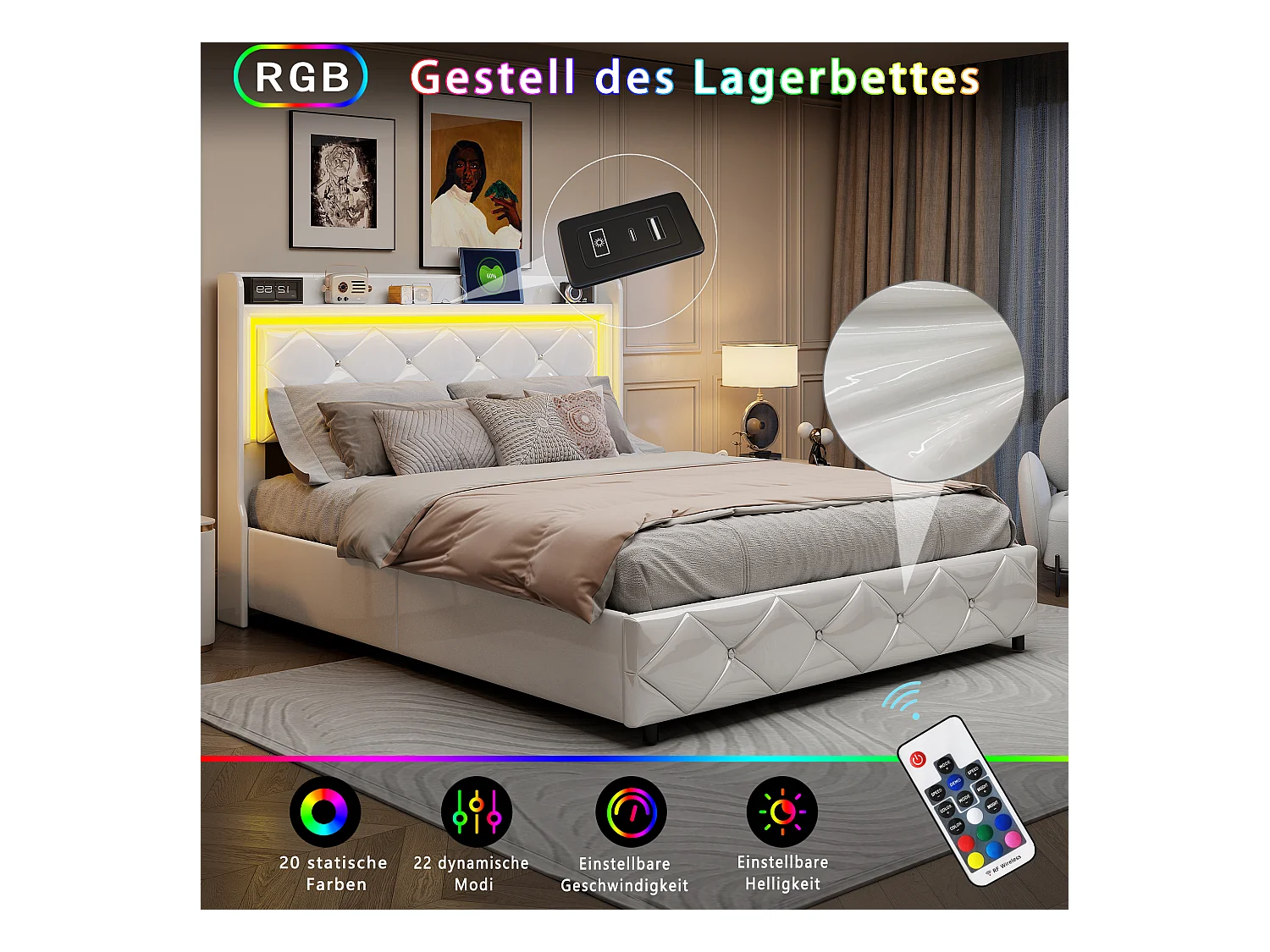 Lit Rembourré 140x200cm avec USB, lit double, lit rangement avec LED,simili cuir, cadre de lit,blanc
