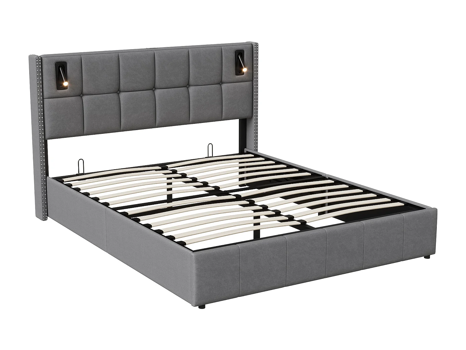 Opbergbed 140x200 cm met onderstel, Gestoffeerd bed met USB- en Type-C-poort, LED, Fluweel, Grijs