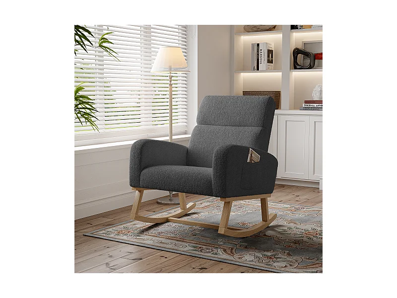 Schaukelstuhl, Relaxsessel, mit Taschen und Holzbeinen, dunkelgrauer Teddysamt