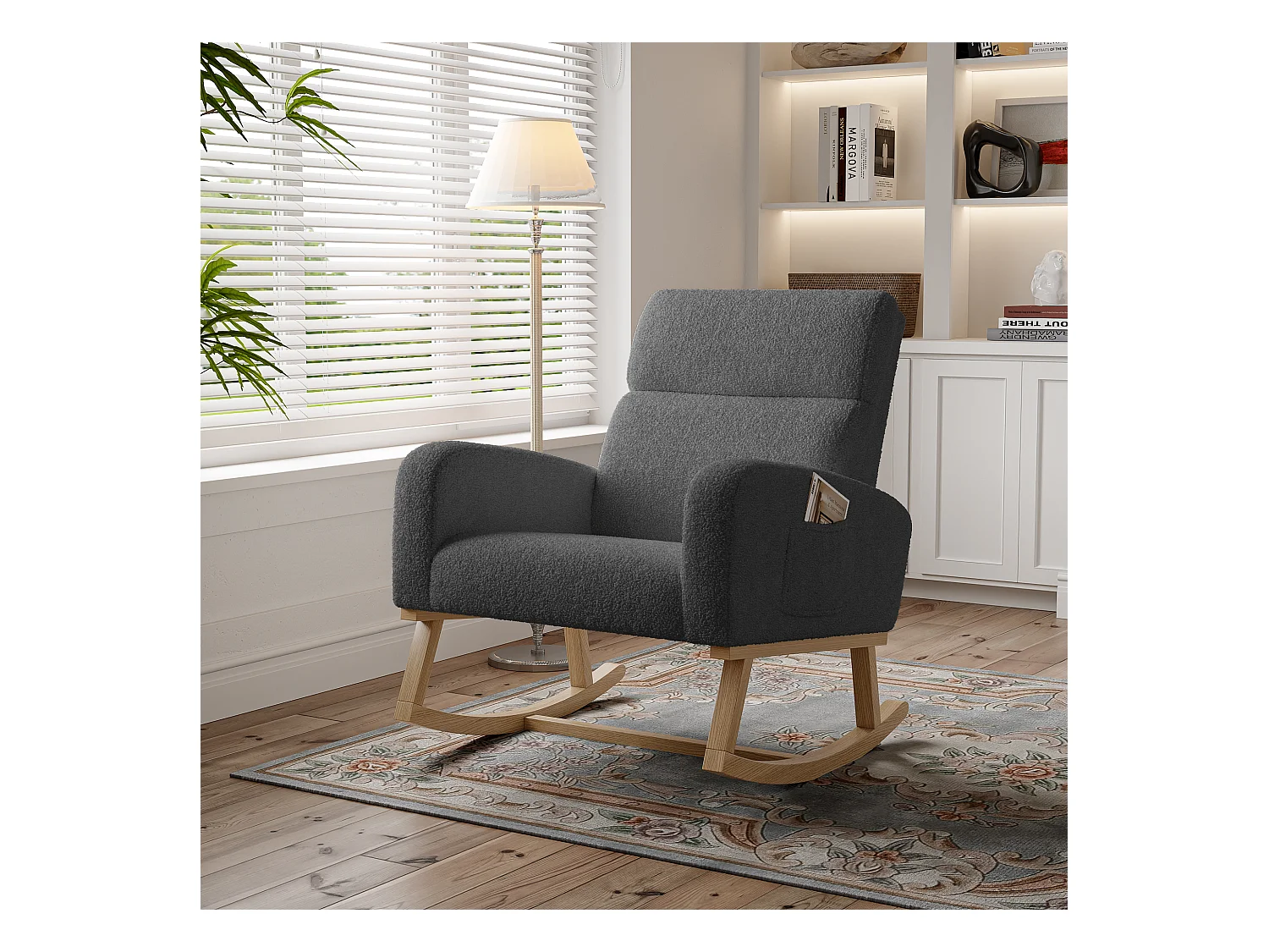 Fauteuil à Bascule, Fauteuil De Relaxation, Avec Poches Et Pieds En Bois,velours Teddy gris foncé