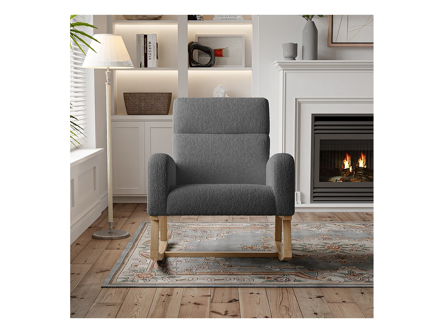 Fauteuil à Bascule, Fauteuil De Relaxation, Avec Poches Et Pieds En Bois,velours Teddy gris foncé