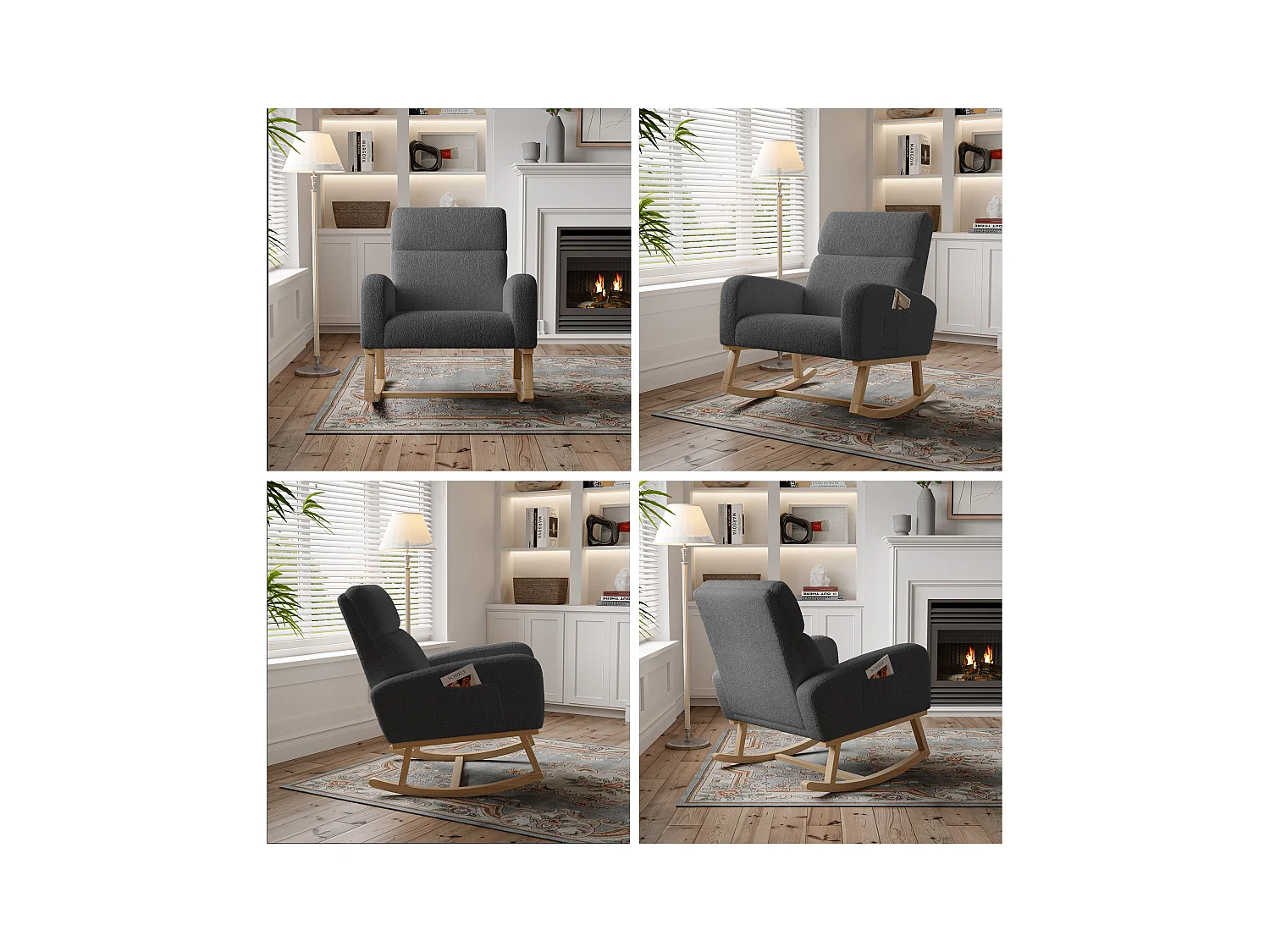 Fauteuil à Bascule, Fauteuil De Relaxation, Avec Poches Et Pieds En Bois,velours Teddy gris foncé