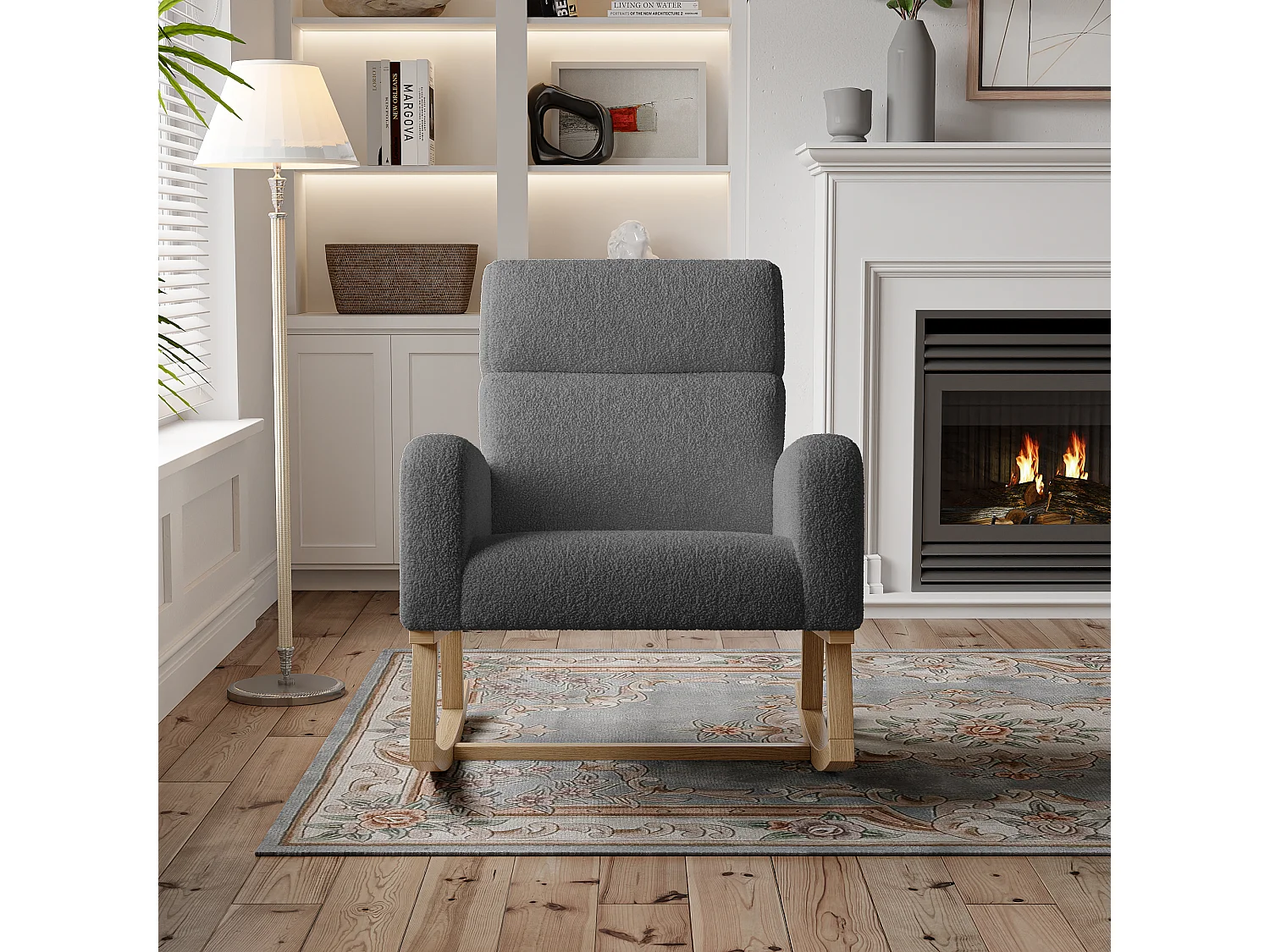 Fauteuil à Bascule, Fauteuil De Relaxation, Avec Poches Et Pieds En Bois,velours Teddy gris foncé