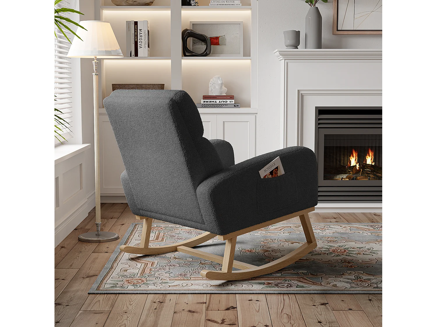 Fauteuil à Bascule, Fauteuil De Relaxation, Avec Poches Et Pieds En Bois,velours Teddy gris foncé