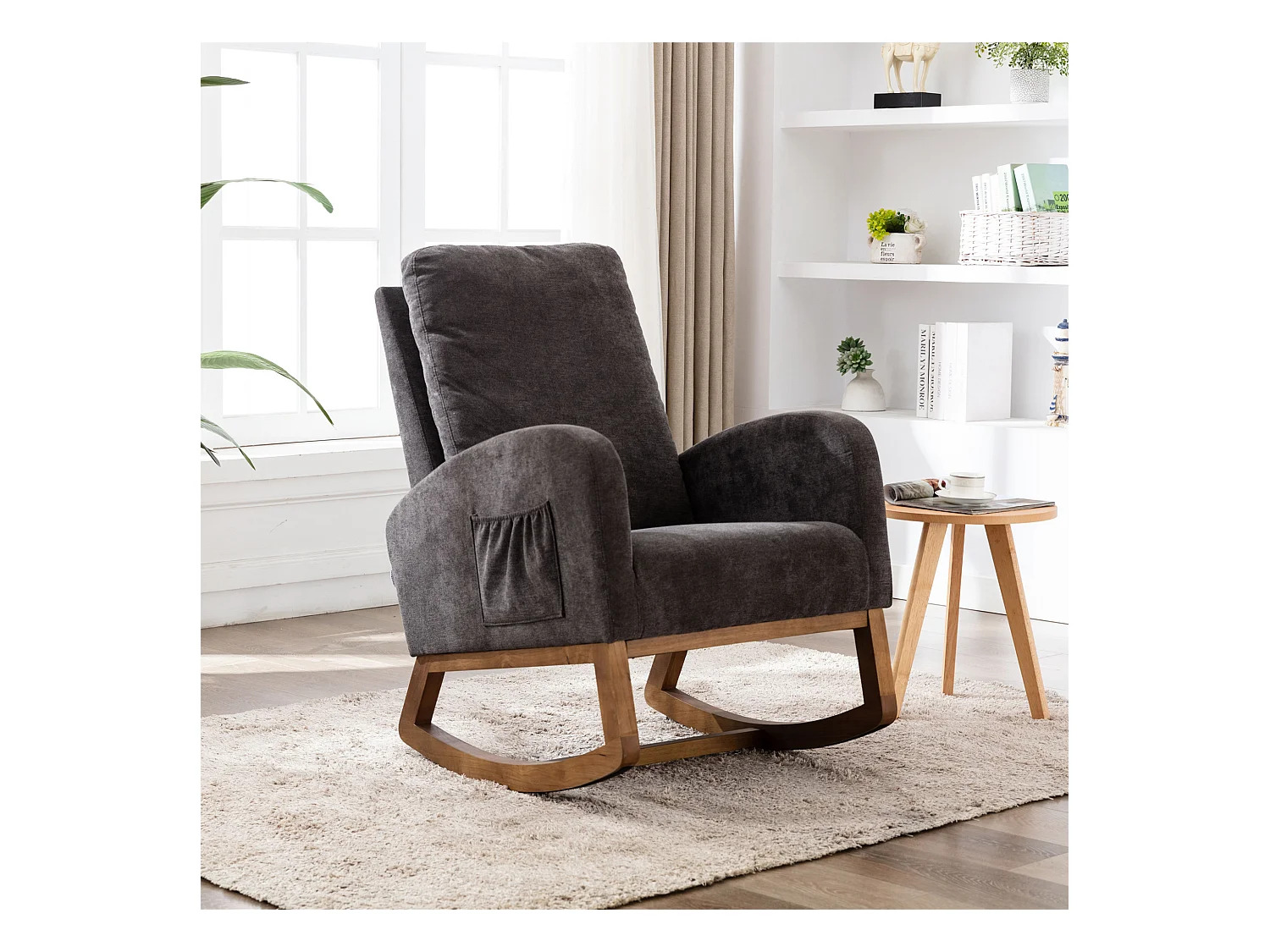 Fauteuil à Bascule - Rocking chair - Dossier Capitonné Pieds en Bois - Marron