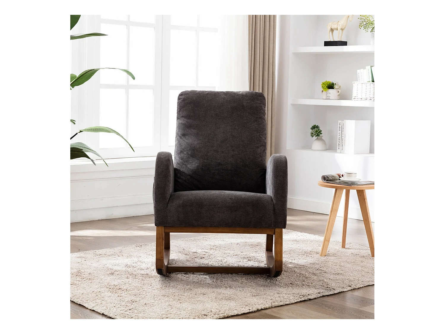 Fauteuil à Bascule - Rocking chair - Dossier Capitonné Pieds en Bois - Marron