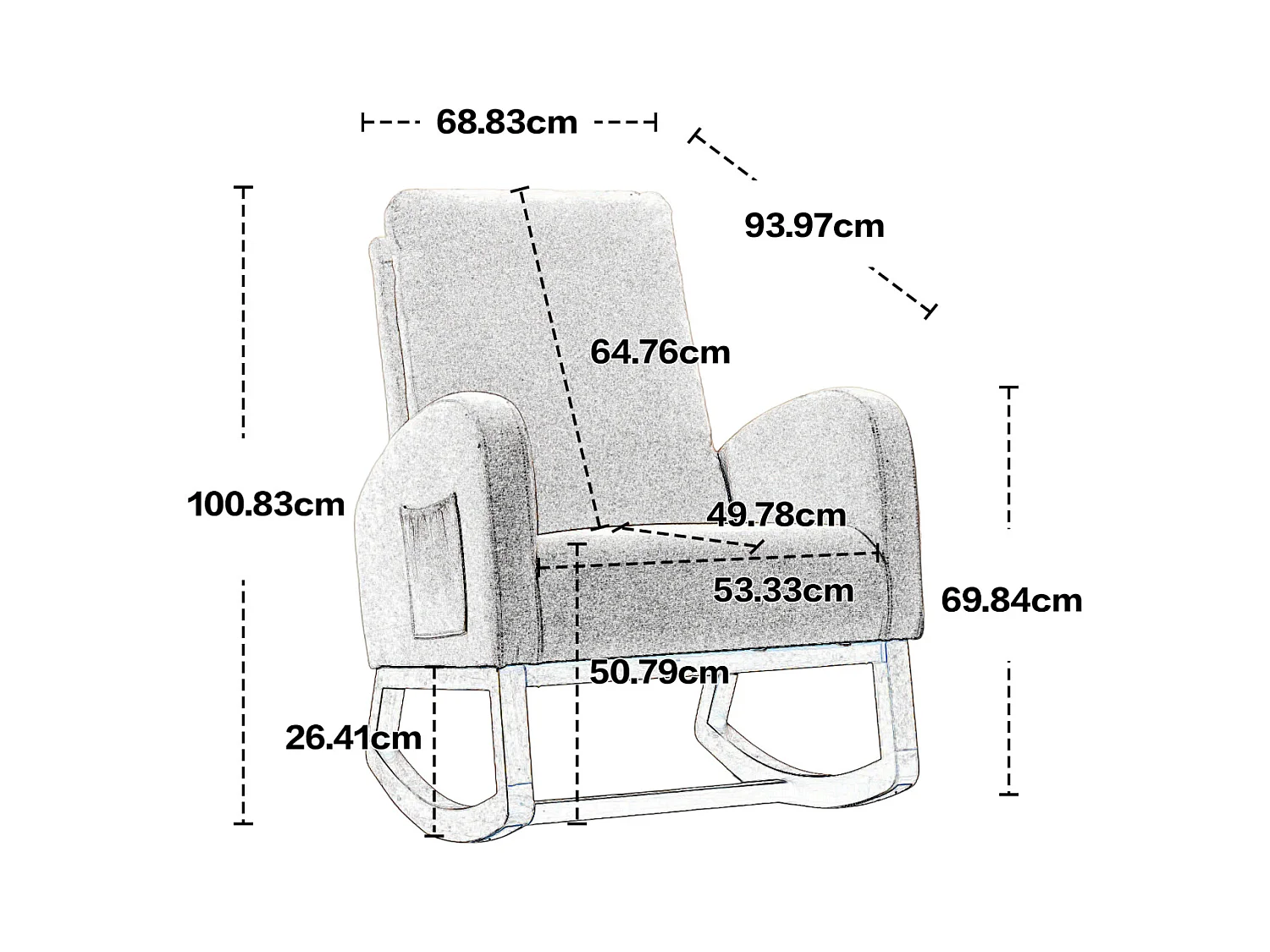 Fauteuil à Bascule - Rocking chair - Dossier Capitonné Pieds en Bois - Marron