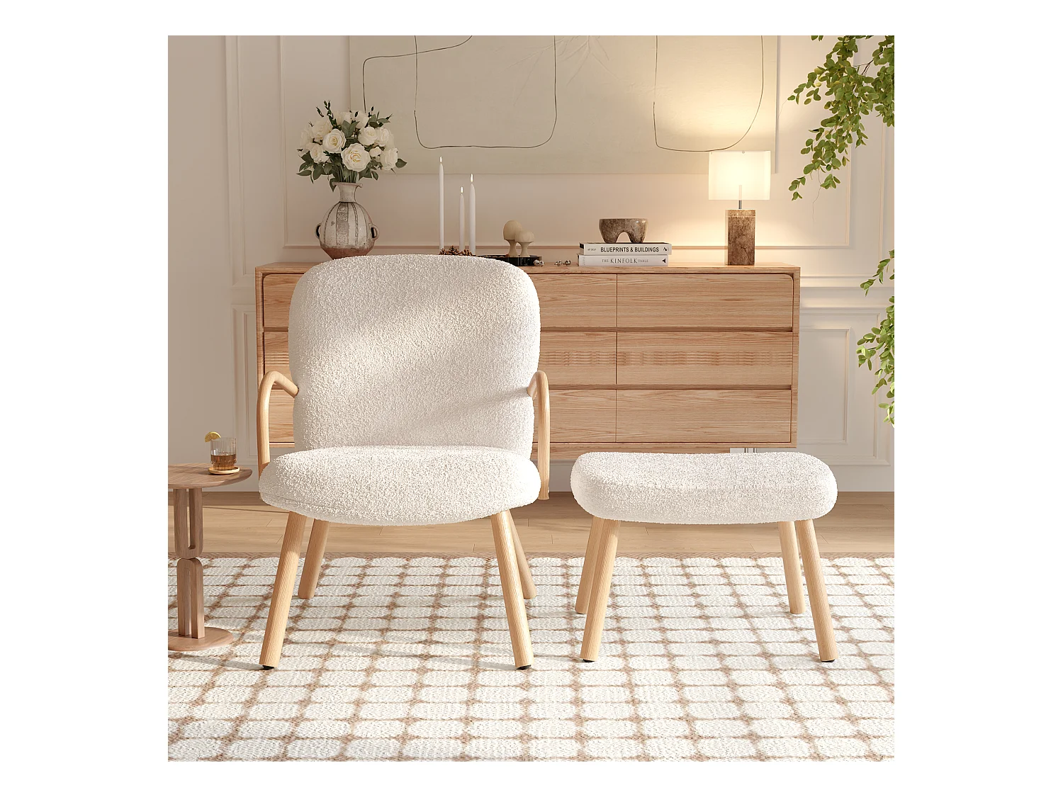 Skandinavischer Sessel, Polsterung aus Kaschmirimitat mit Fußstütze, Beige