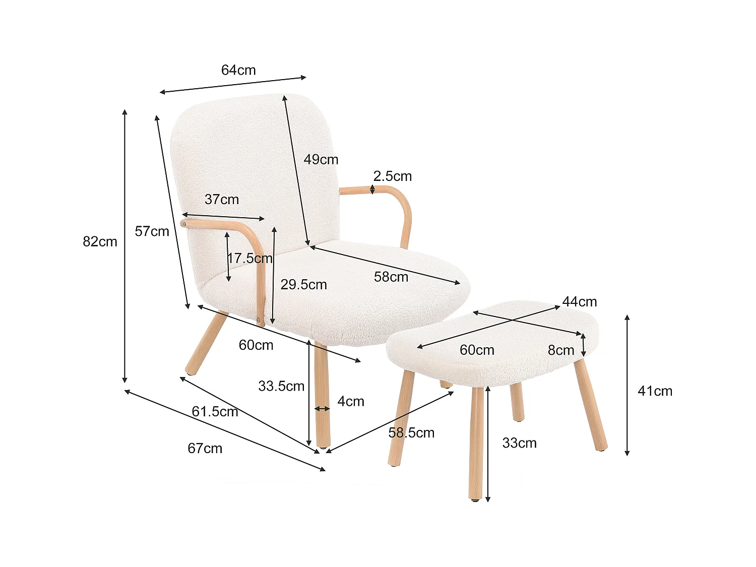 Skandinavischer Sessel, Polsterung aus Kaschmirimitat mit Fußstütze, Beige