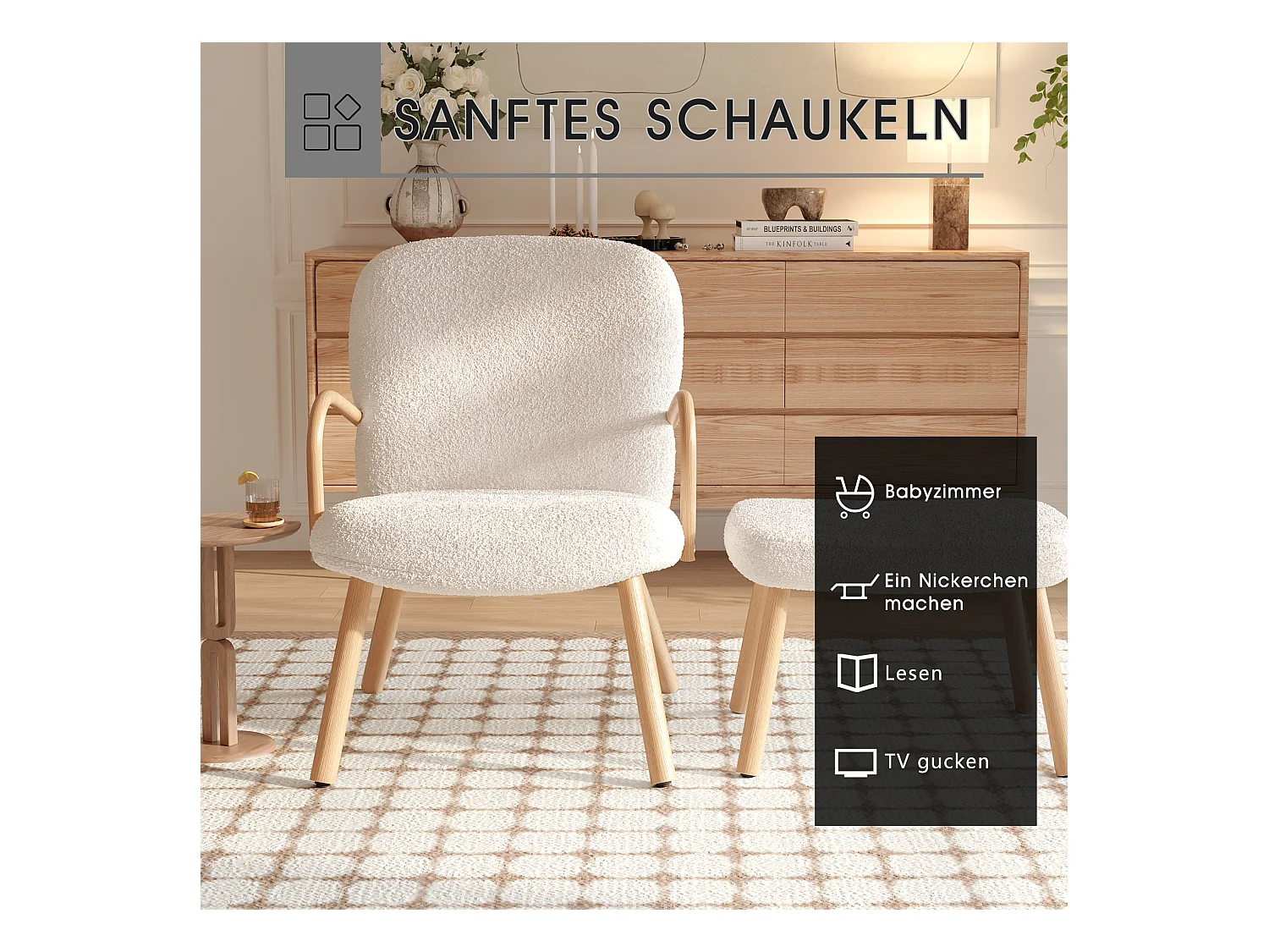 Skandinavischer Sessel, Polsterung aus Kaschmirimitat mit Fußstütze, Beige