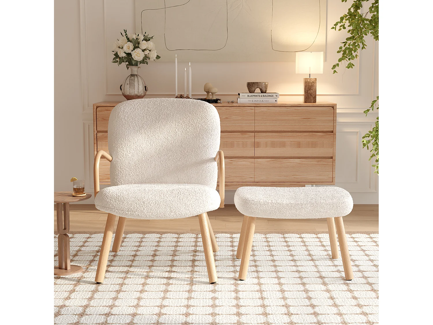 Fauteuil scandinave, revêtement en Imitation Cachemire avec repose-pied, Beige
