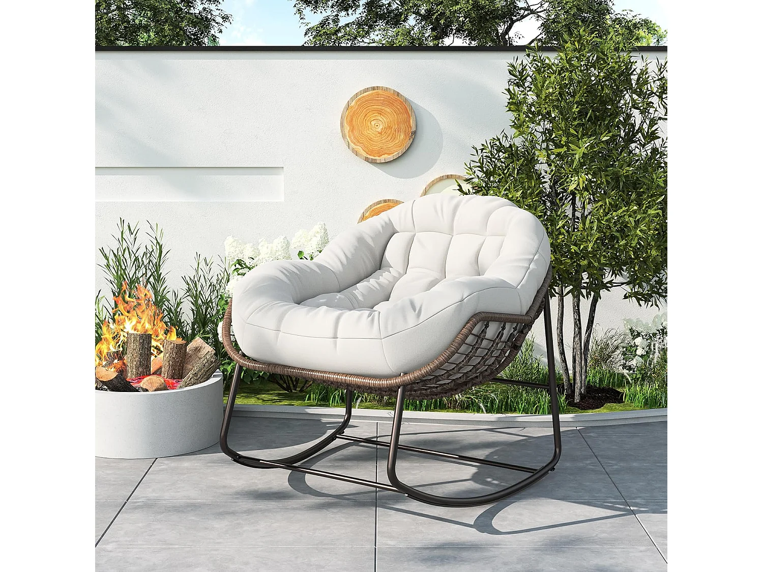 Fauteuil à Bascule - Chaise à Bascule Surdimensionnée - avec Assise Capitonnée, Beige