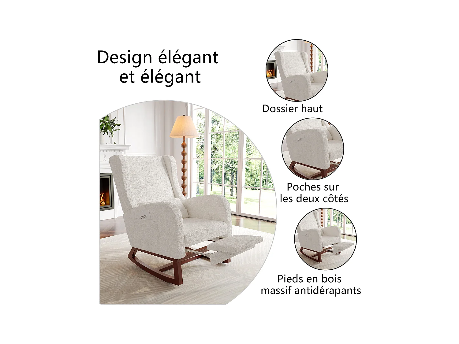 Fauteuil à bascule, Chaise à Bascule - Jambes Rétractable Chaise - Blanc