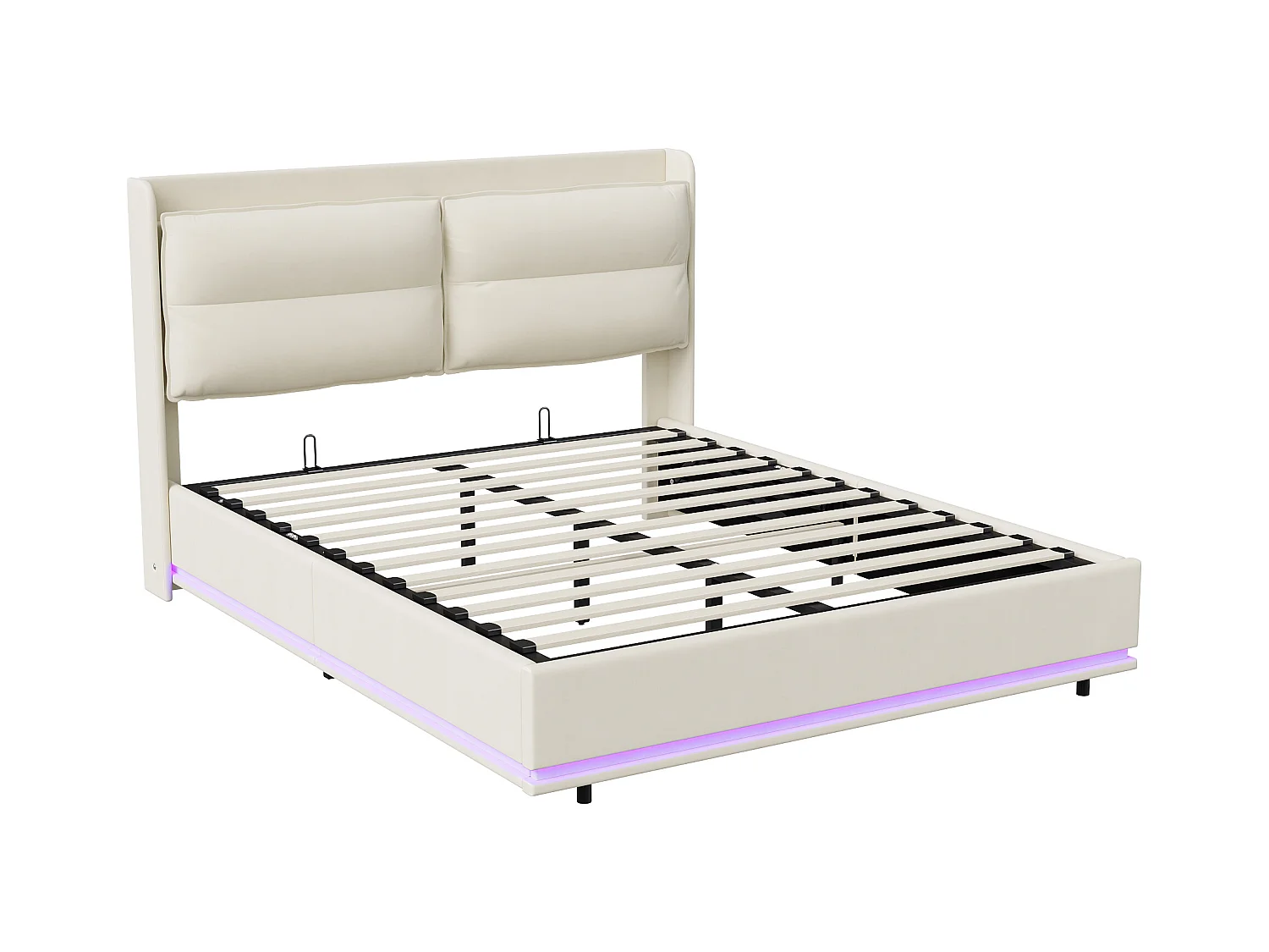 Lit rembourré 160x200cm avec chargement sans fil (USB & Type-c), lit double avec LED, velours, beige