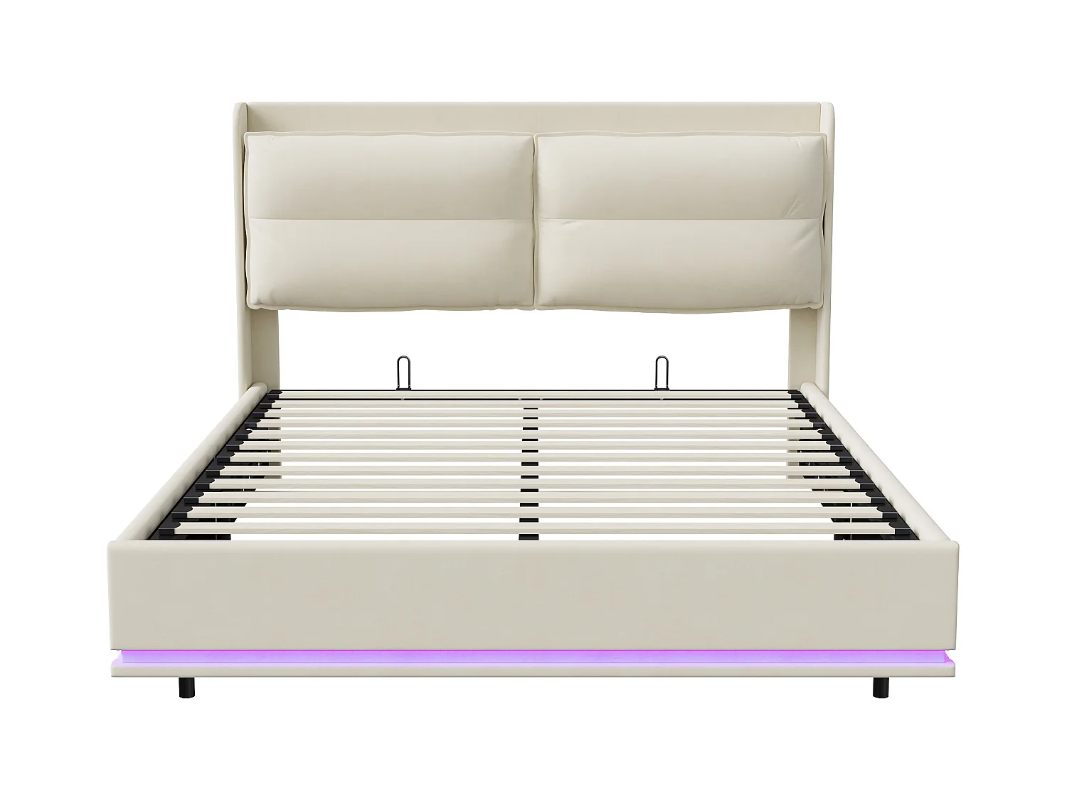 Lit rembourré 160x200cm avec chargement sans fil (USB & Type-c), lit double avec LED, velours, beige