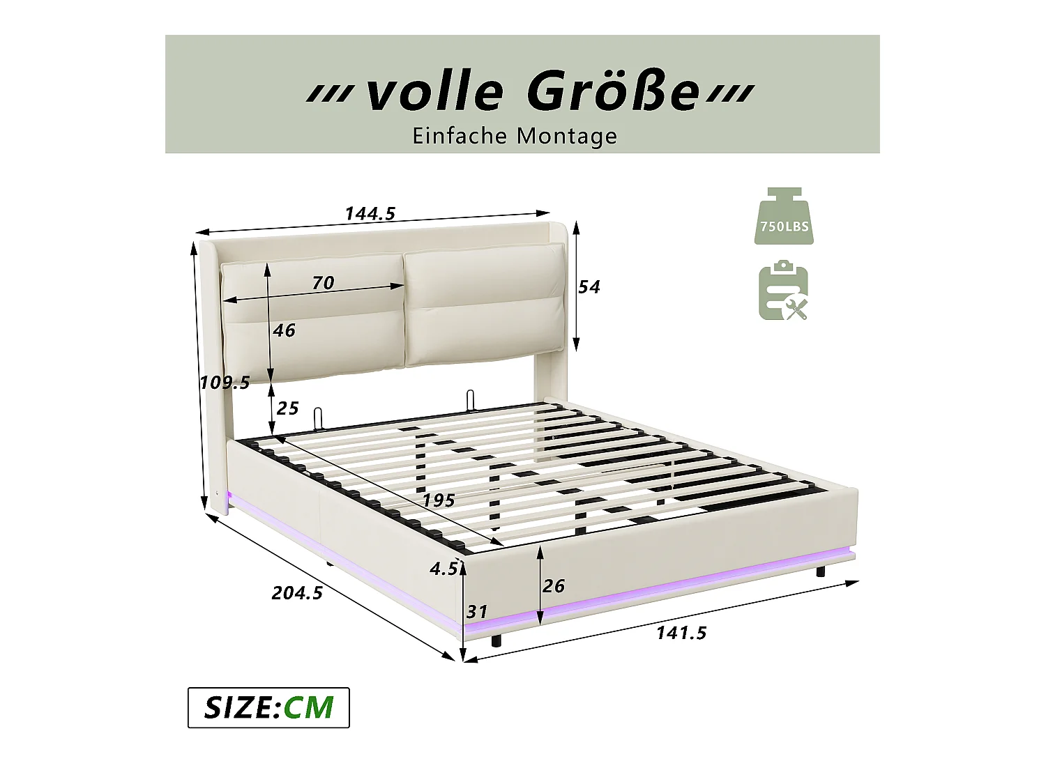 Lit rembourré 140x200cm avec chargement sans fil (USB & Type-c), lit double avec LED, velours, beige