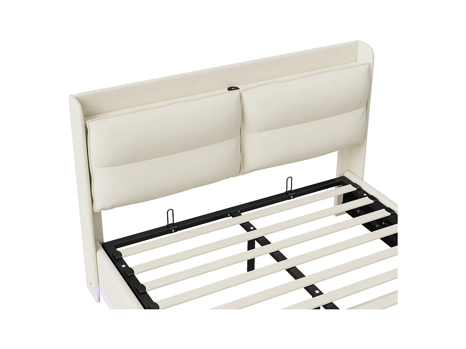 Lit rembourré 140x200cm avec chargement sans fil (USB & Type-c), lit double avec LED, velours, beige