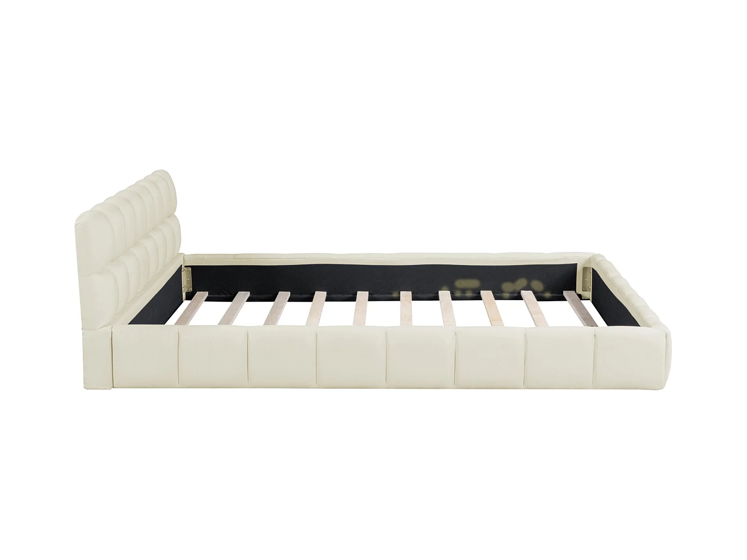 Lit adulte 140x190cm en lin avec dossier moelleux, Lit plat avec sommier à lattes, beige