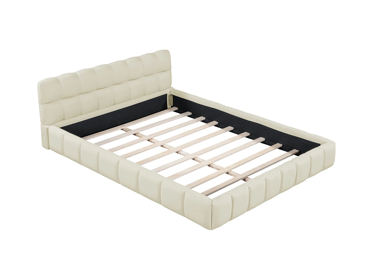 Lit adulte 140x190cm en lin avec dossier moelleux, Lit plat avec sommier à lattes, beige