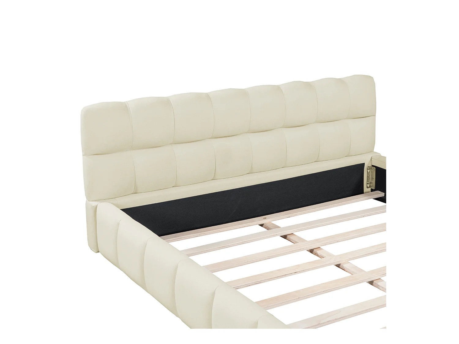 Lit adulte 140x190cm en lin avec dossier moelleux, Lit plat avec sommier à lattes, beige