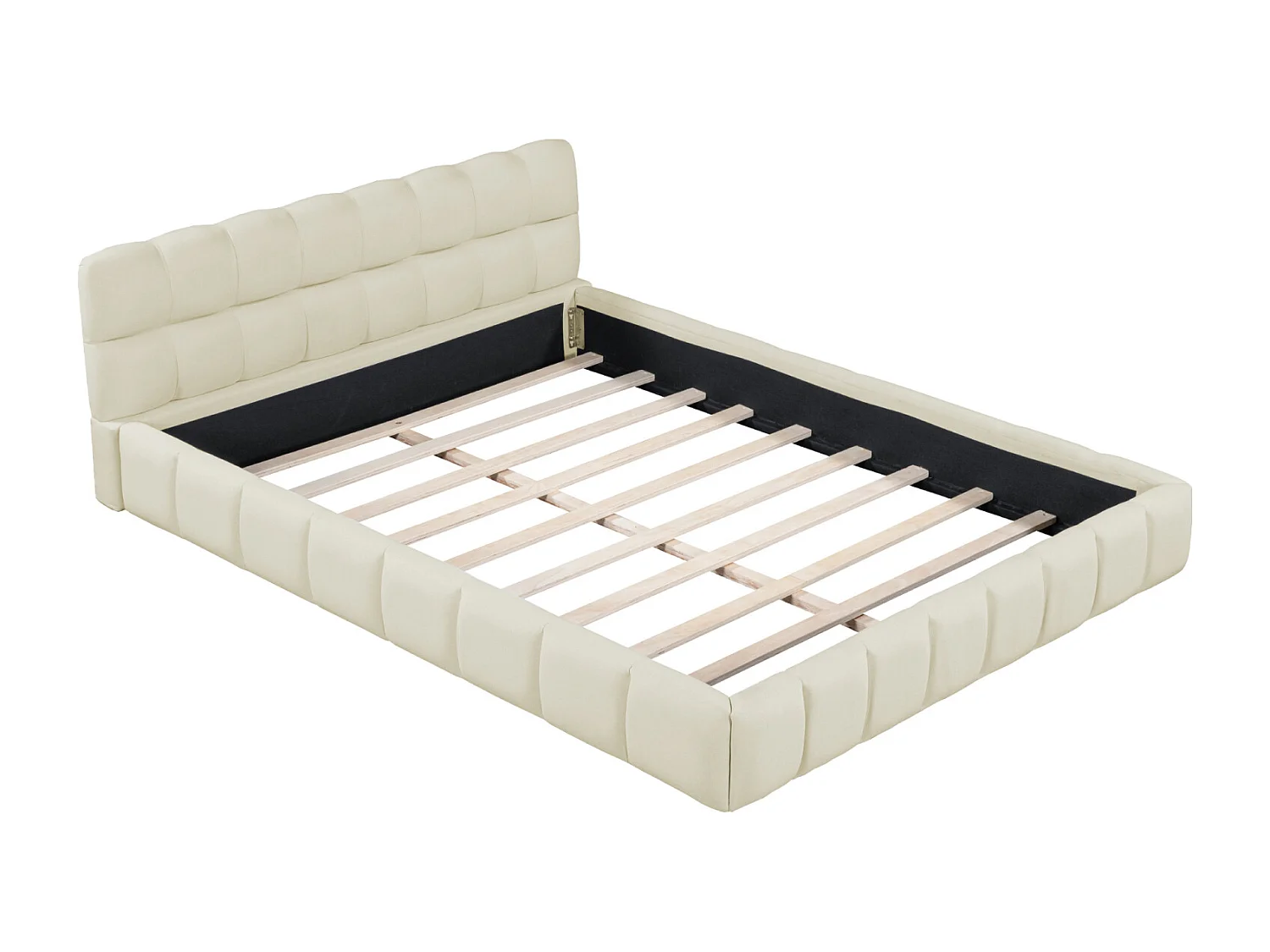 Erwachsenenbett 140x190cm aus Leinen mit weicher Rückenlehne, Flachbett mit Lattenrost, beige