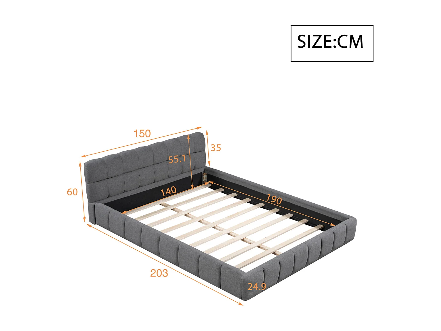 Lit adulte 140x190cm en lin avec dossier moelleux, Lit plat avec sommier à lattes, gris