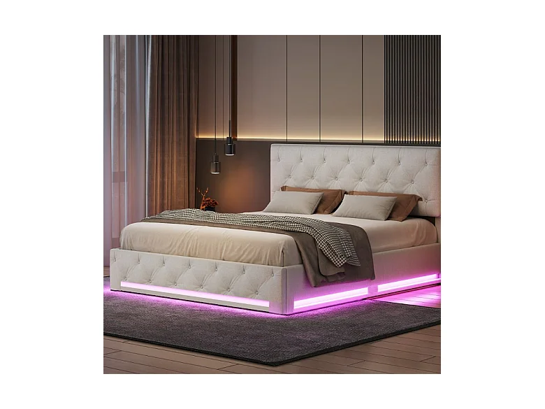 Bed 160x200cm, opbergruimte, lattenbodem, LED-verlichting en verstelbaar hoofdeinde, beige
