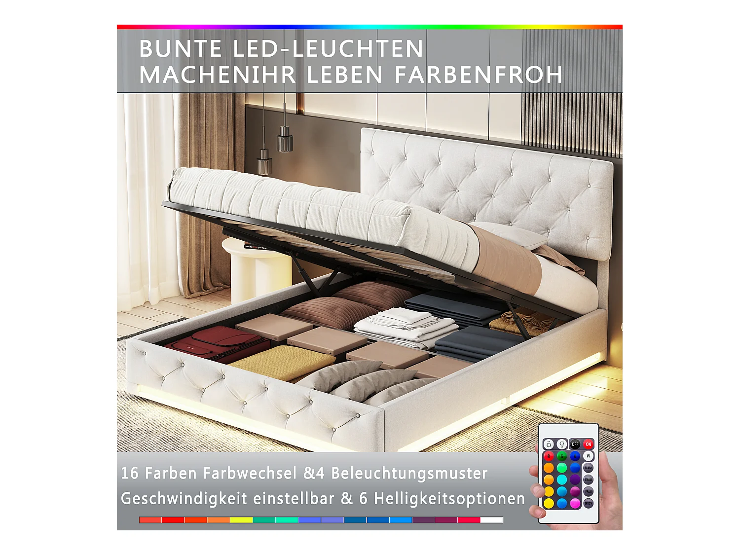 Bed 160x200cm, opbergruimte, lattenbodem, LED-verlichting en verstelbaar hoofdeinde, beige