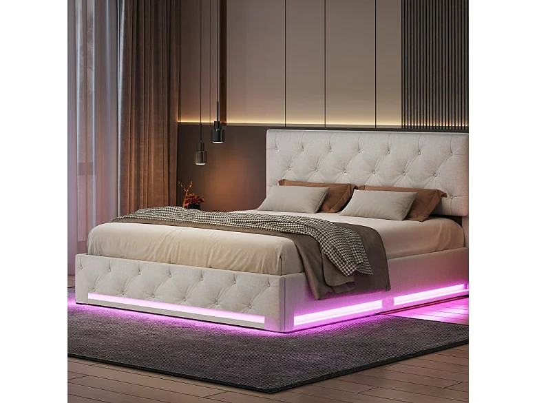 Lit 160x200cm, Espace de Rangement, Sommier à Lattes, Eéclairage LED et tête de lit relevable, Beige