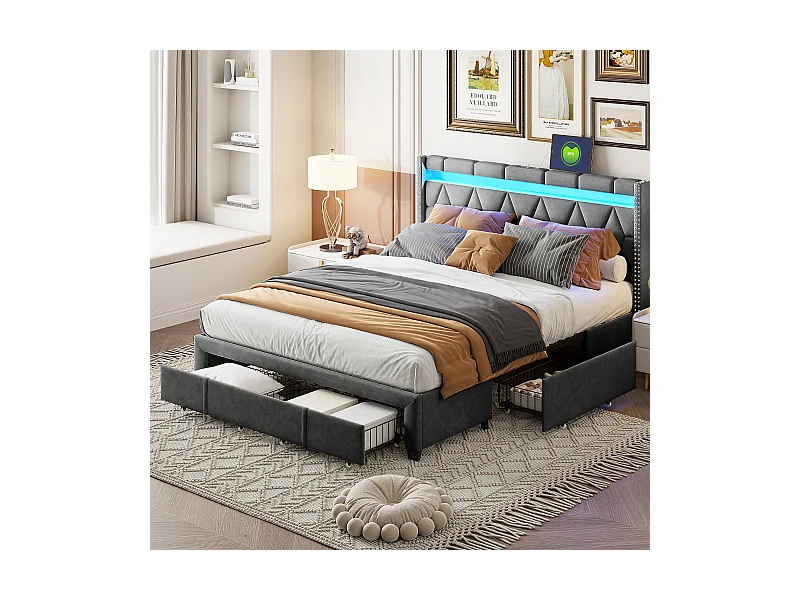 Polsterbett Doppelbett 160x200cm mit 4 Schubladen und LED, USB, Bettgestell, graues Leinen