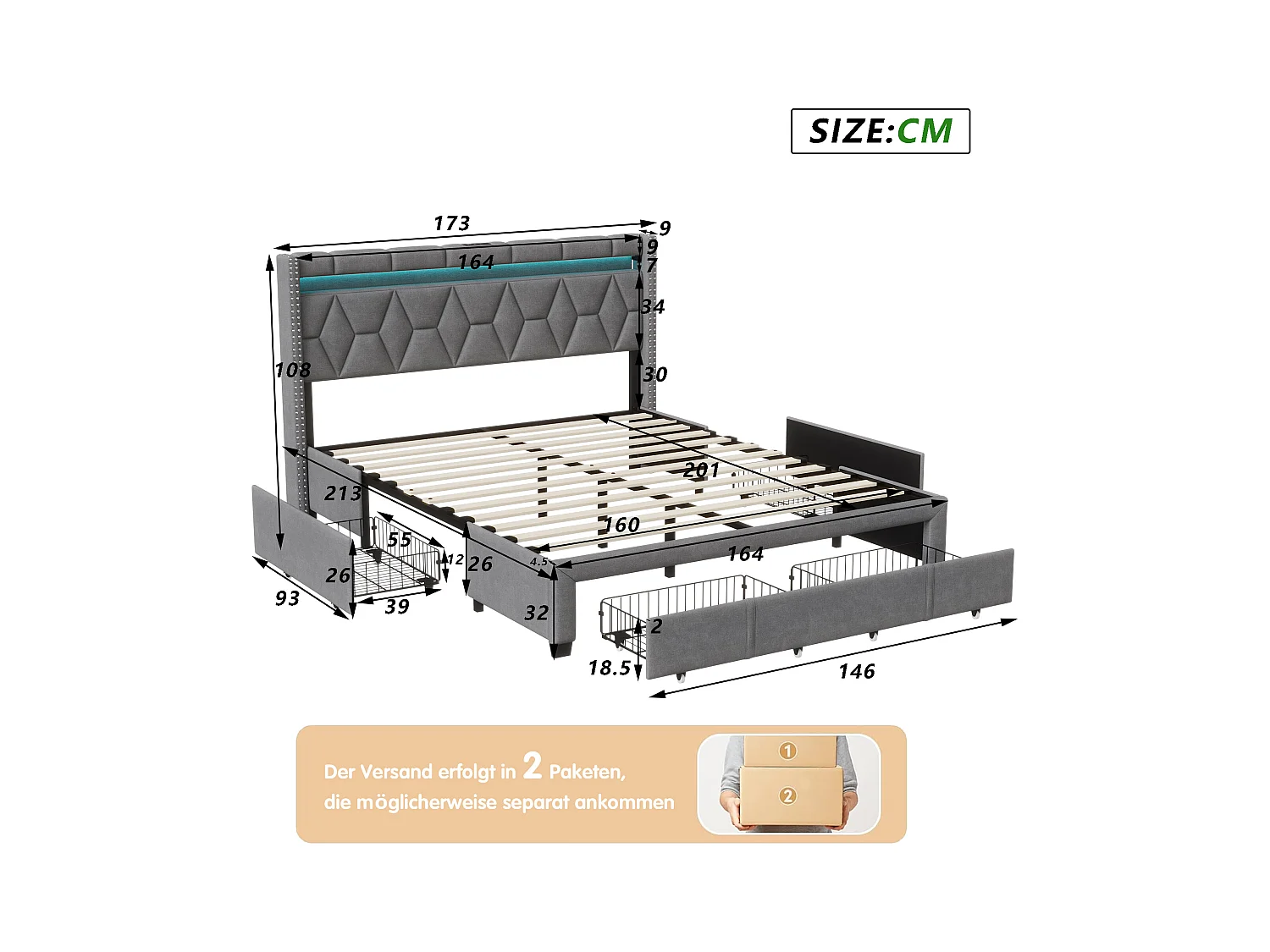 Lit Rembourré lit double 160x200cm avec 4 tiroirs et LED, USB, cadre de lit, lin gris