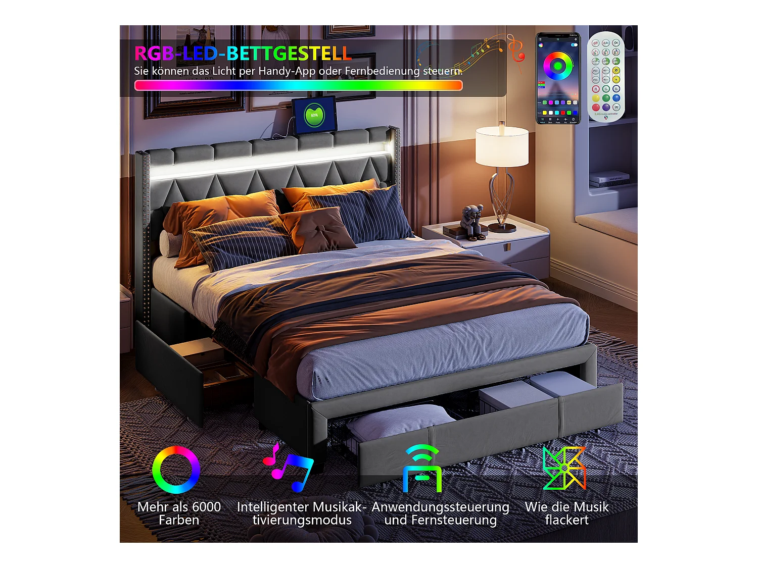 Polsterbett Doppelbett 160x200cm mit 4 Schubladen und LED, USB, Bettgestell, graues Leinen