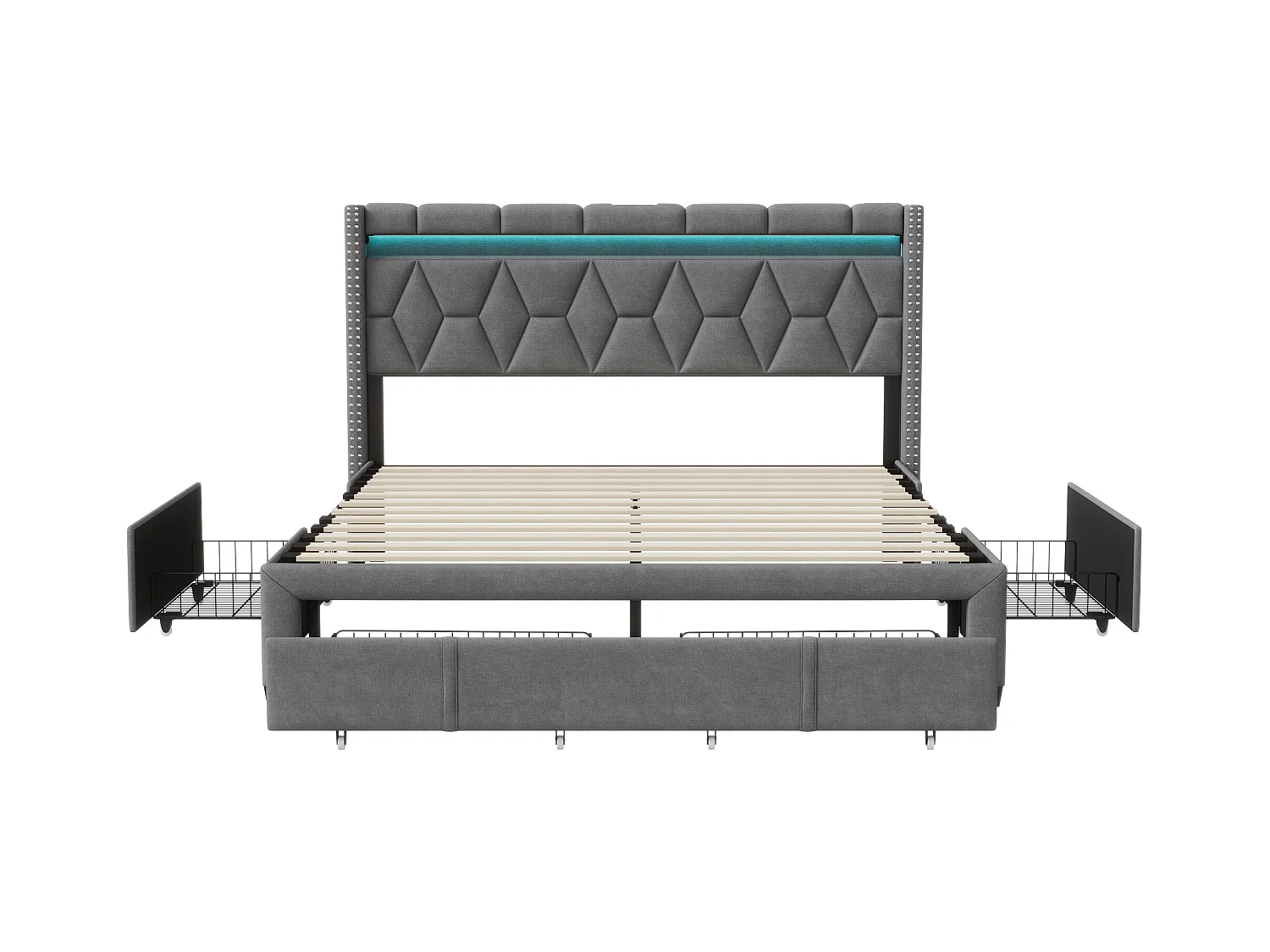 Polsterbett Doppelbett 160x200cm mit 4 Schubladen und LED, USB, Bettgestell, graues Leinen