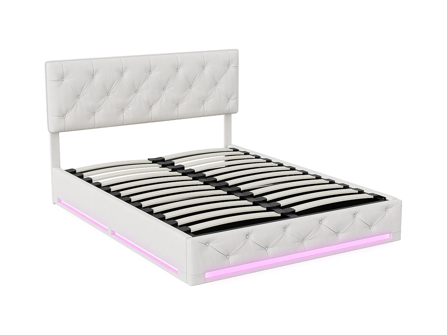 Lit 140x200cm, Espace de Rangement, Sommier à Lattes, Eéclairage LED et tête de lit relevable, Beige