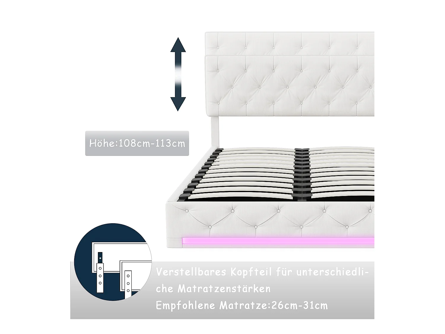 Lit 140x200cm, Espace de Rangement, Sommier à Lattes, Eéclairage LED et tête de lit relevable, Beige