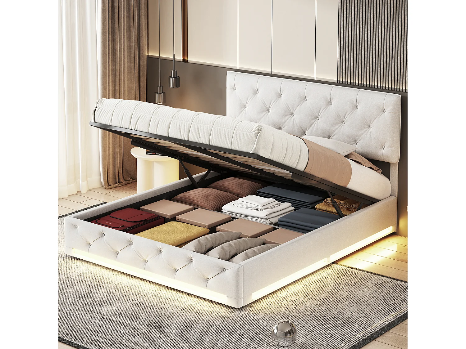 Lit 140x200cm, Espace de Rangement, Sommier à Lattes, Eéclairage LED et tête de lit relevable, Beige