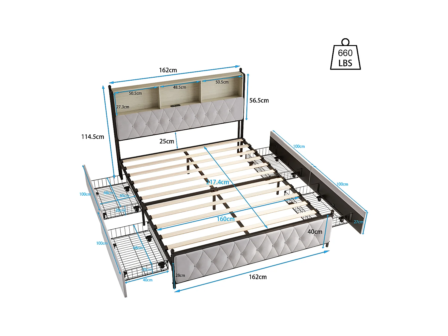 Gestoffeerd volwassen bed met LED en USB, 4 lades, lattenbodem, fluweel, 160x200cm, Beige