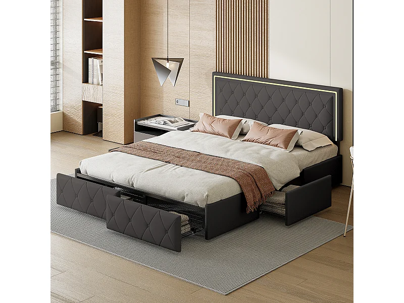 Lit 140x200cm avec LED tête de lit relevable, Lit capitonné avec 4 tiroirs et Rangement Lit, Gris