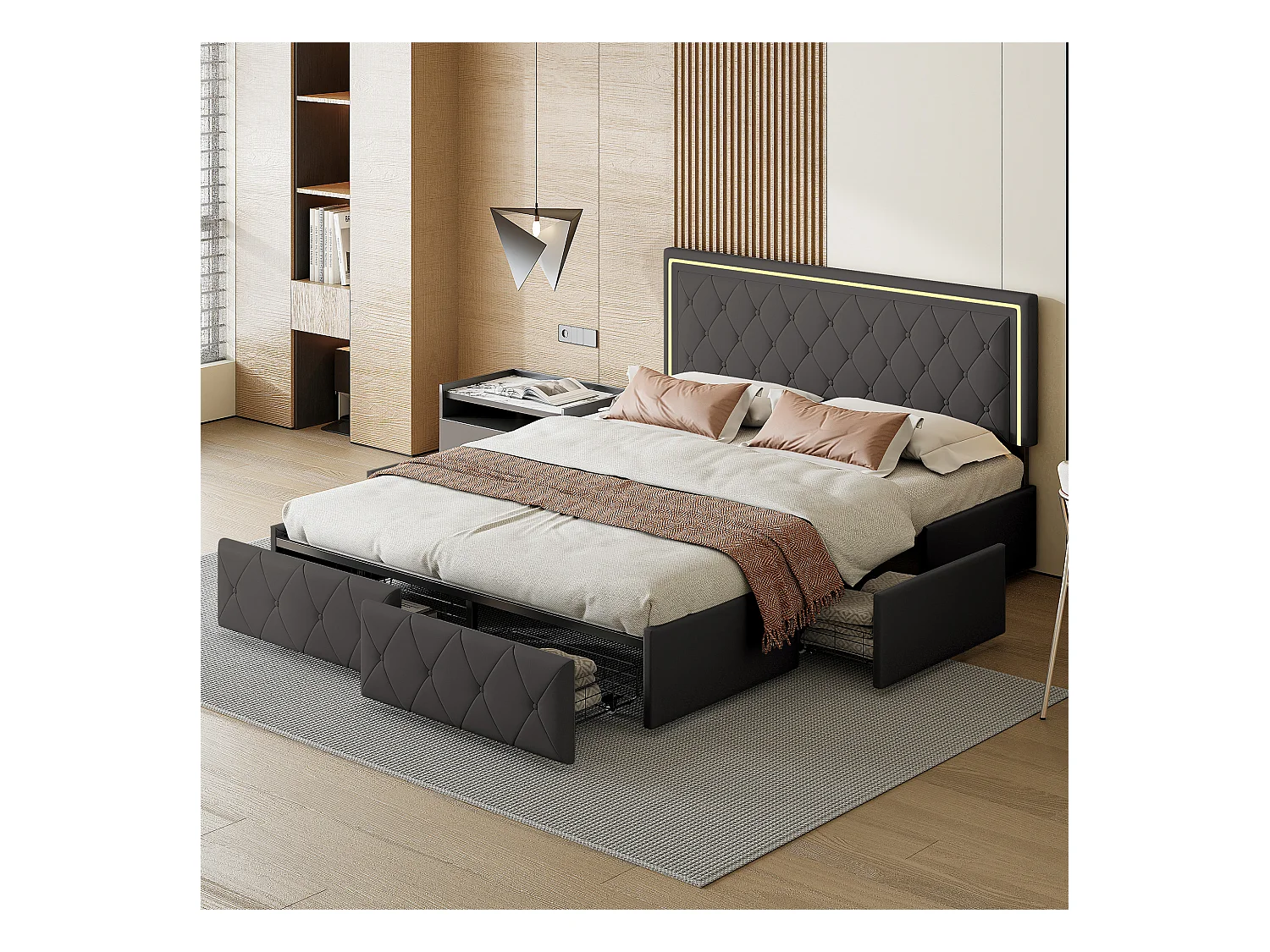 Lit 140x200cm avec LED tête de lit relevable, Lit capitonné avec 4 tiroirs et Rangement Lit, Gris