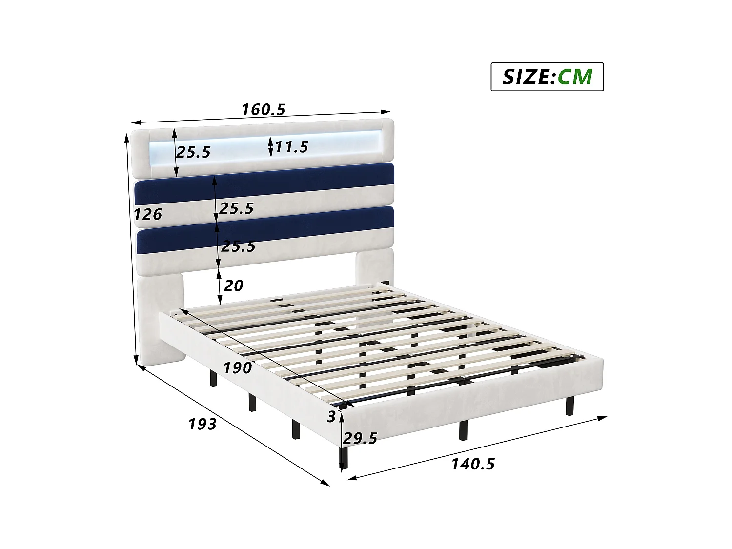 Lit Rembourré 140x190cm avec USB, lit d'adolescent, lit double avec LED, velours, blanc et bleu
