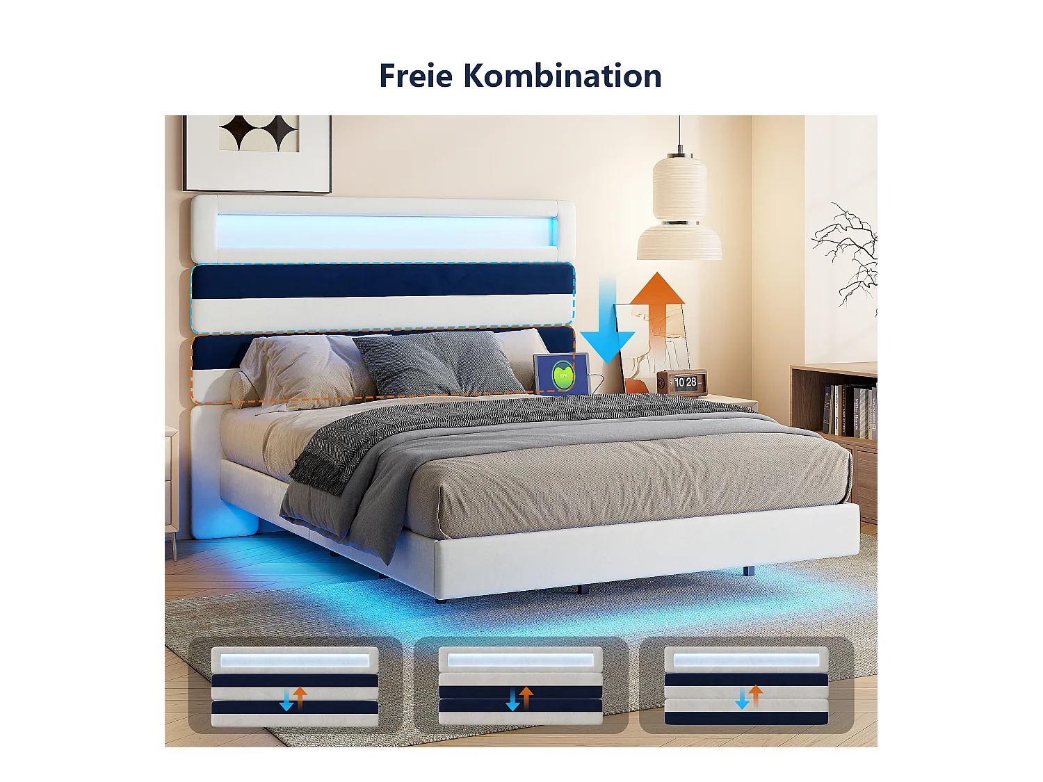 Lit Rembourré 140x190cm avec USB, lit d'adolescent, lit double avec LED, velours, blanc et bleu