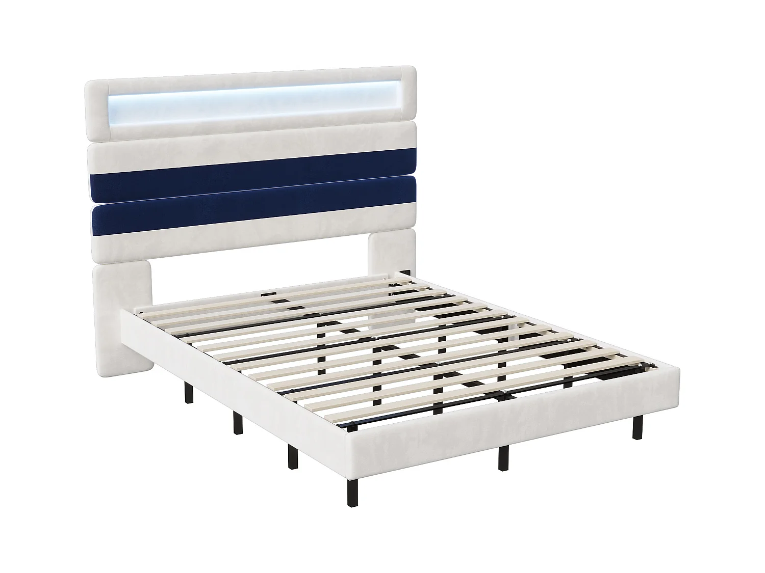 Polsterbett 140x190cm mit USB, Jugendbett, Doppelbett mit LED, Samt, Weiß und Blau