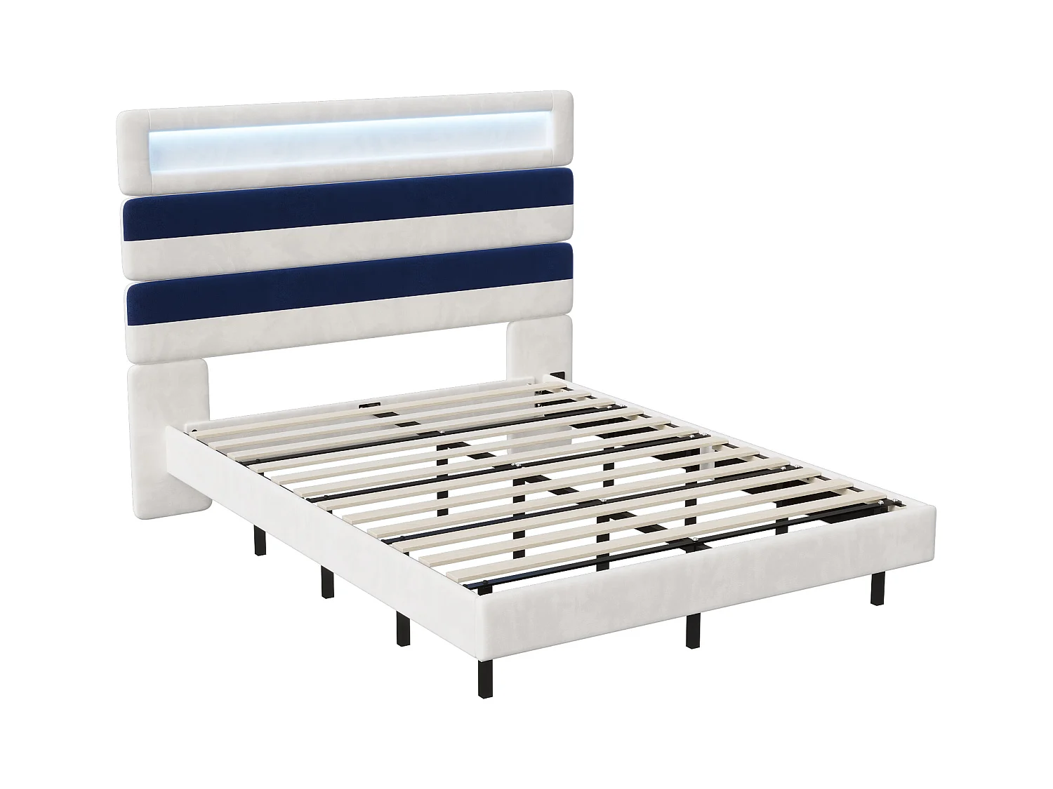 Polsterbett 140x190cm mit USB, Jugendbett, Doppelbett mit LED, Samt, Weiß und Blau