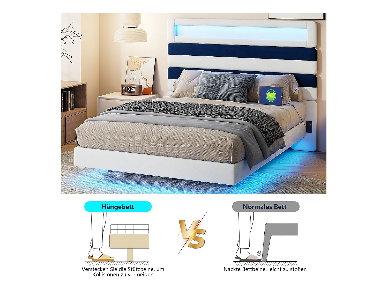Polsterbett 140x190cm mit USB, Jugendbett, Doppelbett mit LED, Samt, Weiß und Blau