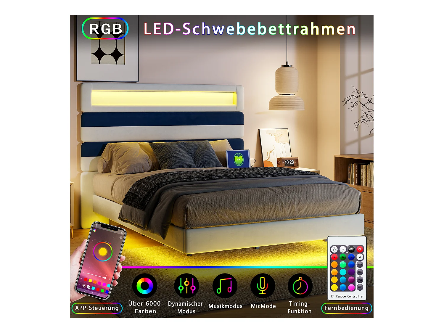 Polsterbett 140x190cm mit USB, Jugendbett, Doppelbett mit LED, Samt, Weiß und Blau