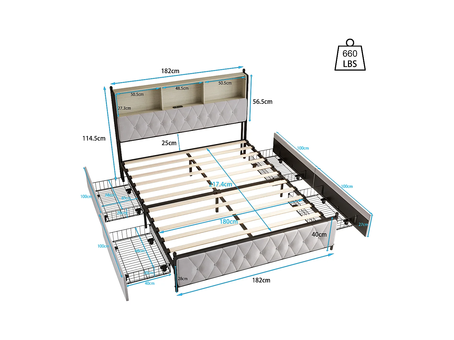 Letto imbottito per adulti con LED e USB, 4 cassetti, rete a doghe, velluto, 180x200cm, Beige