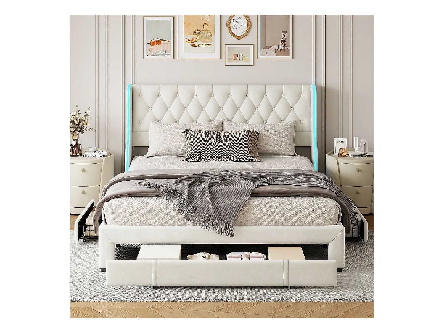 Lit Rembourré 160x200cm, lit double avec 3 tiroirs, LED, cadre de lit, velours, beige